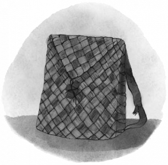 Flechten von dünnen Birkenrinden-Streifen zu Schuhen, Taschen, Rucksäcken, Tellern, Schüsseln